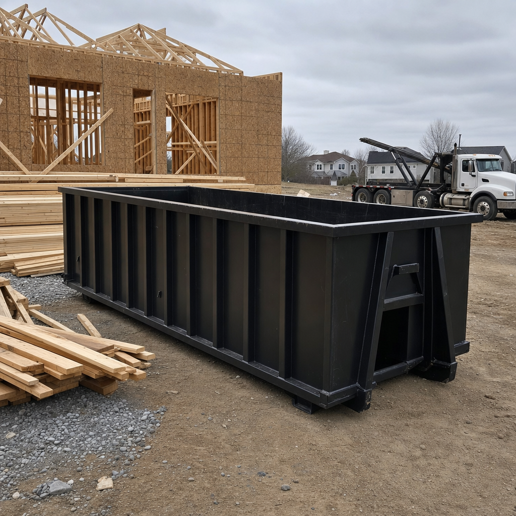 Matte-black 40-yard roll-off dumpster staged on a framed-out residential construction site in Murrieta, framing lumber stacked nearby, hooklift delivery truck visible in the background under bright Colorado daylight