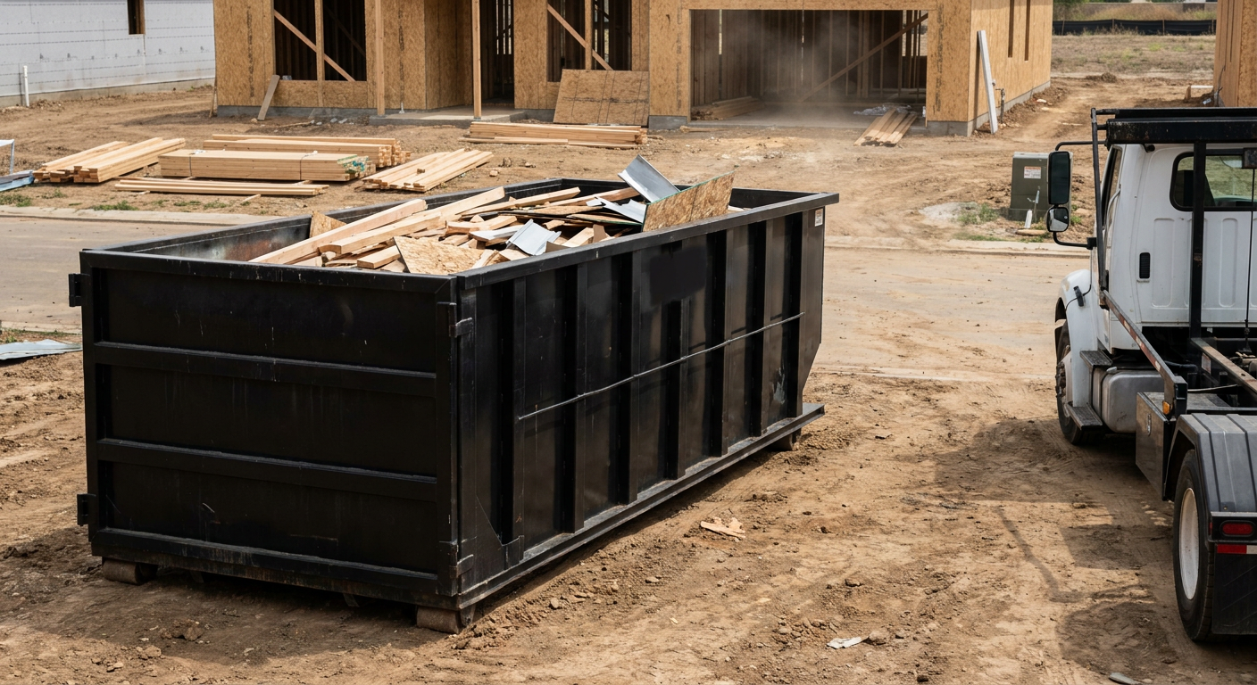Matte-black 20-yard roll-off construction dumpster with heavy ribbed steel sidewalls and swing rear doors at a working jobsite in Murrieta, sitting directly on compacted dirt with an unmarked white hauler partially visible at the far edge of the frame.