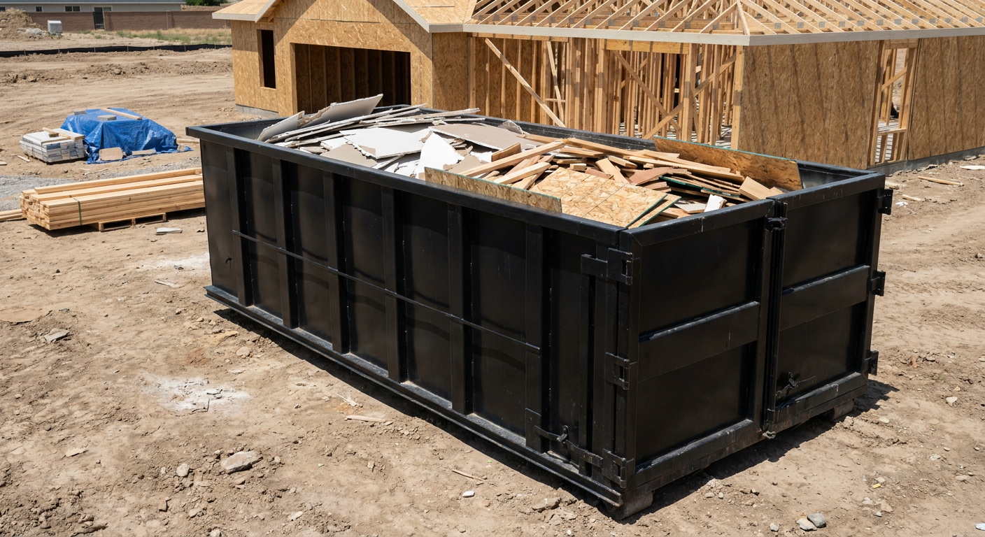Matte-black 30-yard roll-off construction dumpster sitting directly on the compacted-dirt site of a framed single-family home build in Murrieta, drywall and lumber scrap loaded inside.