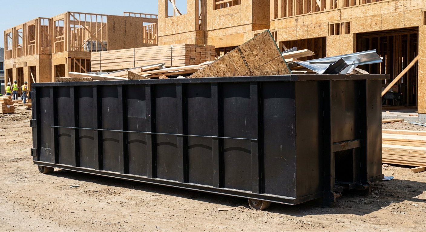 Matte-black 40-yard roll-off construction dumpster being lowered from a white-cab hooklift delivery truck onto the compacted-dirt jobsite at a commercial build site in Murrieta