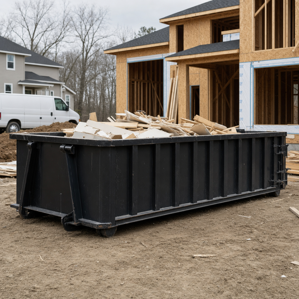 Worker in a yellow high-visibility vest tossing framing lumber and broken drywall into a matte-black 30-yard construction roll-off dumpster on an active build site in Murrieta, bright daylight