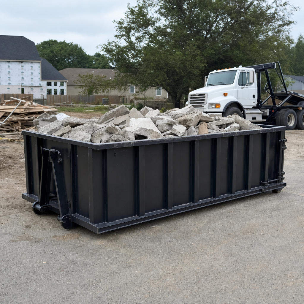 Low-profile matte-black lowboy roll-off dumpster loaded with broken concrete slab and rebar at a foundation tear-out in Murrieta, skid steer parked beside it, sunny Colorado morning