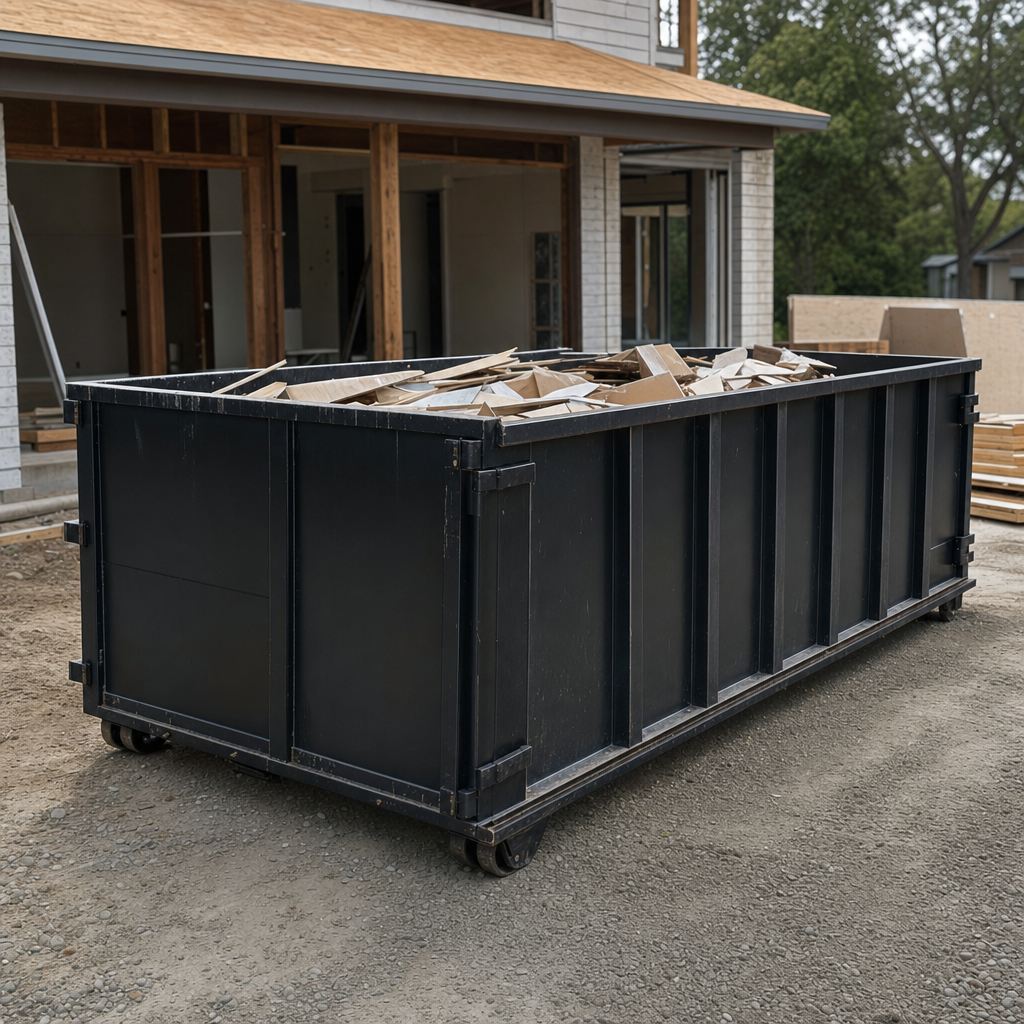 Large matte-black 30-yard construction roll-off dumpster at an active Murrieta jobsite, steel-gray top rails and bottom rollers visible, loaded with construction debris.