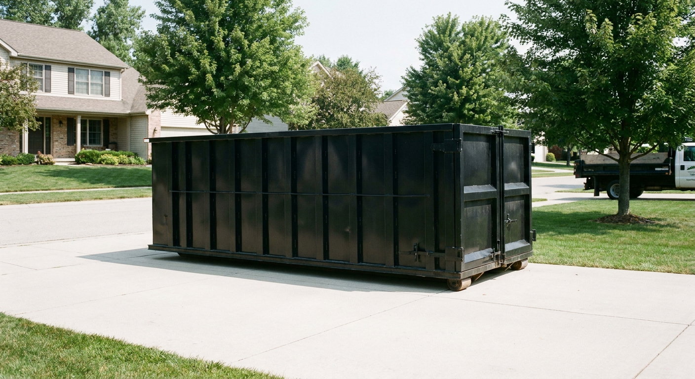 Matte-black 20-yard roll-off dumpster sitting level on a clean Murrieta residential concrete driveway under bright daylight, demonstrating clean placement directly on the concrete.