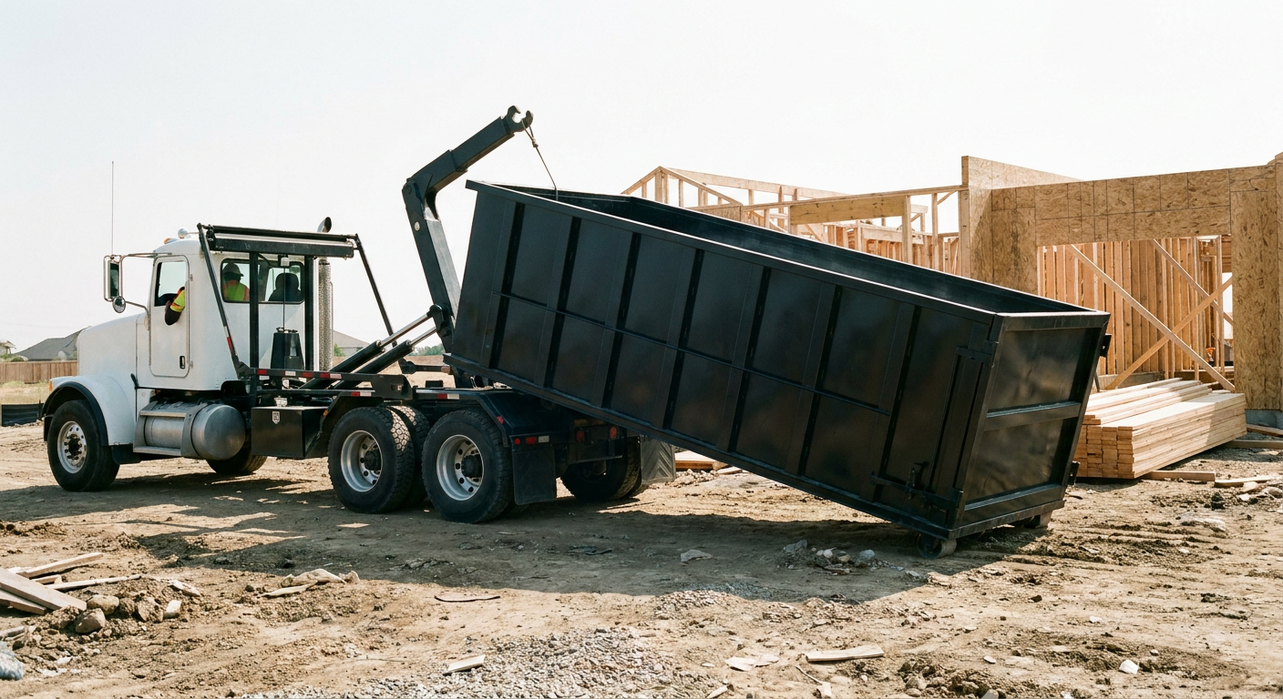 Matte-black roll-off dumpster being delivered onto a clean residential concrete driveway in Murrieta by an unmarked white hooklift hauler truck, bright morning daylight, documentary 35mm perspective.