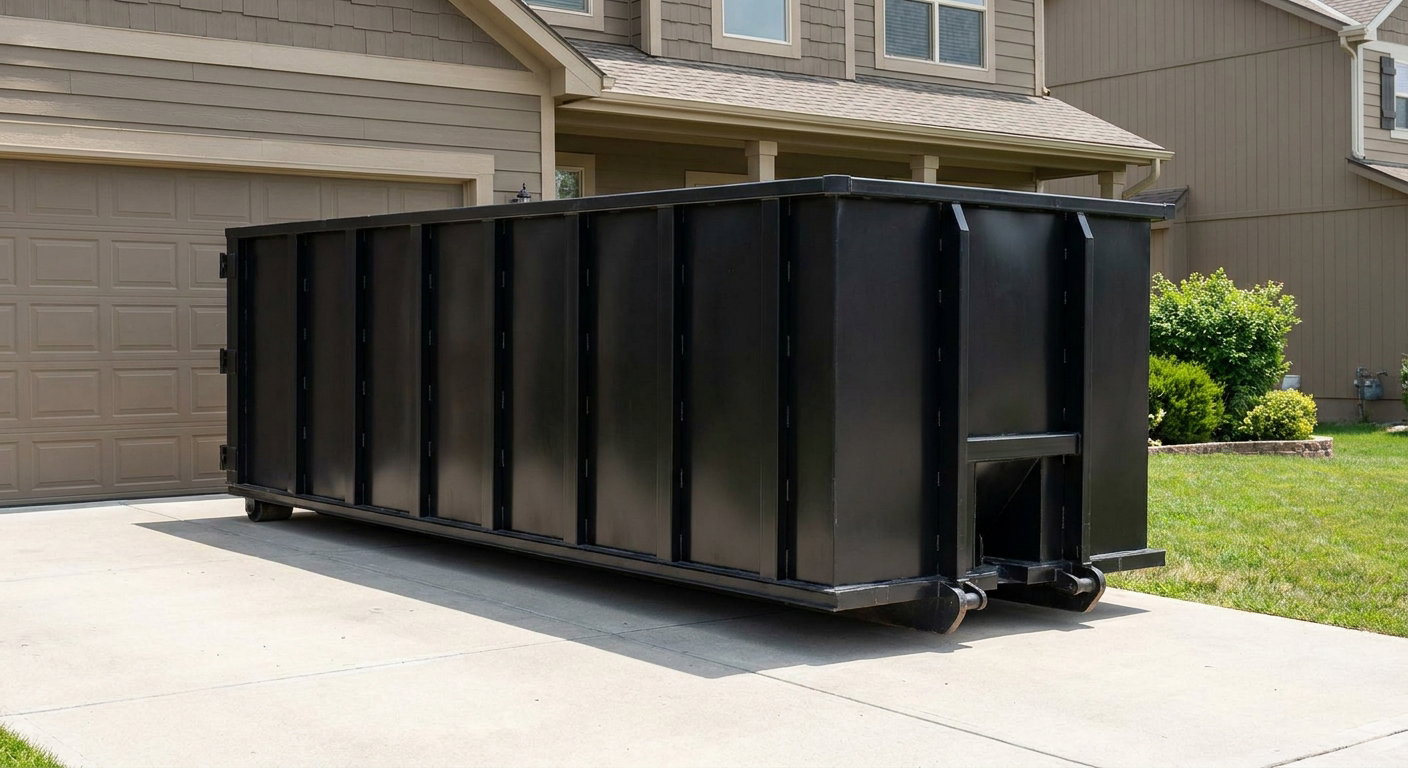 Matte-black residential roll-off dumpster sitting directly on a suburban Murrieta concrete driveway, garage door closed, single-family home in background, bright morning daylight.