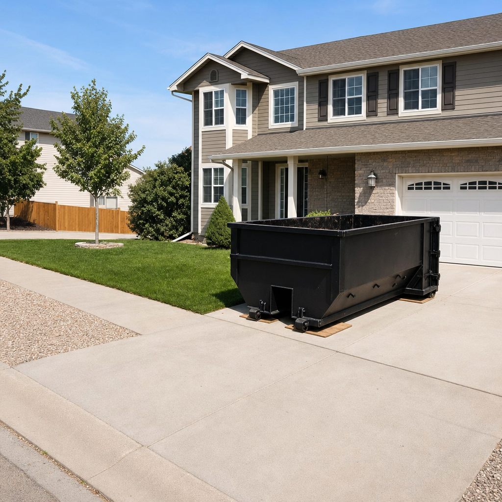 10-yard matte-black residential dumpster placed directly on a narrow Murrieta concrete driveway, room remains for a parked sedan beside it, mid-morning natural light