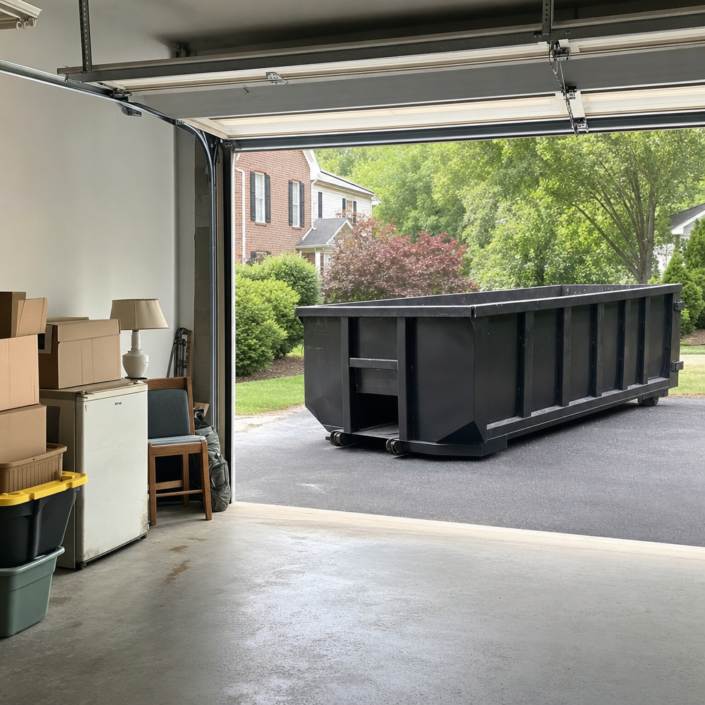 Open garage interior in a Murrieta home mid-cleanout — boxed items, an old appliance, and stacked yard tools queued near the driveway for a matte-black roll-off dumpster, organized and calm