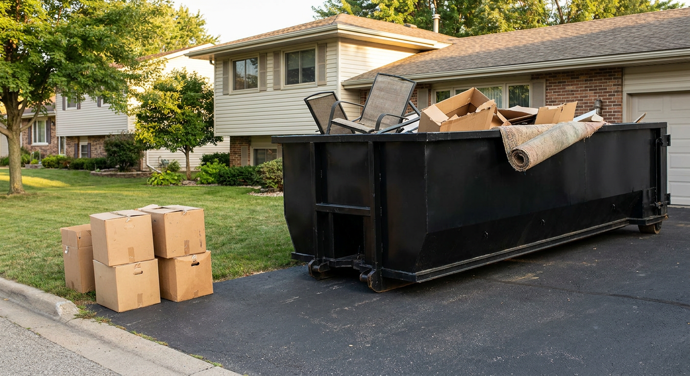 Front-yard view of a Murrieta split-level home with a 20-yard matte-black roll-off dumpster sitting directly on the asphalt driveway, a few clearly labeled donation boxes staged at the curb, calm sunny afternoon.