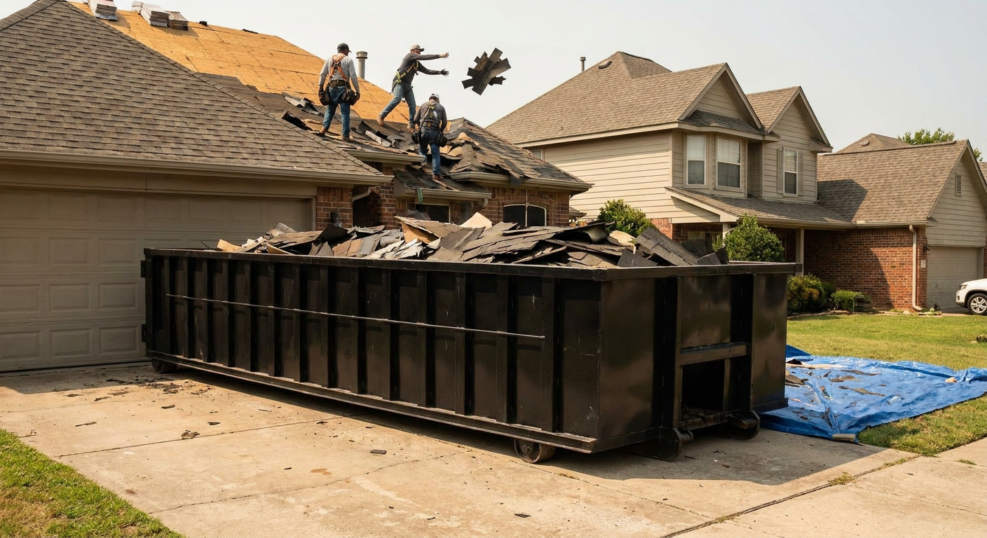 Matte-black roofing roll-off dumpster placed directly on a Murrieta residential concrete driveway, a tear-off crew on a two-story asphalt-shingle roof tossing shingle bundles into the low-walled container, bright daylight, documentary 35mm perspective.
