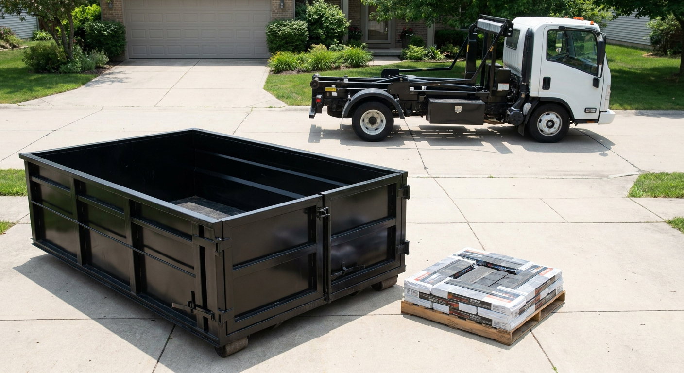 Matte-black 15-yard roofing roll-off dumpster with reinforced low side walls sitting directly on a Murrieta residential concrete driveway, three-tab asphalt shingle bundles stacked nearby, an unmarked white hauler truck partially visible at the edge of the frame.