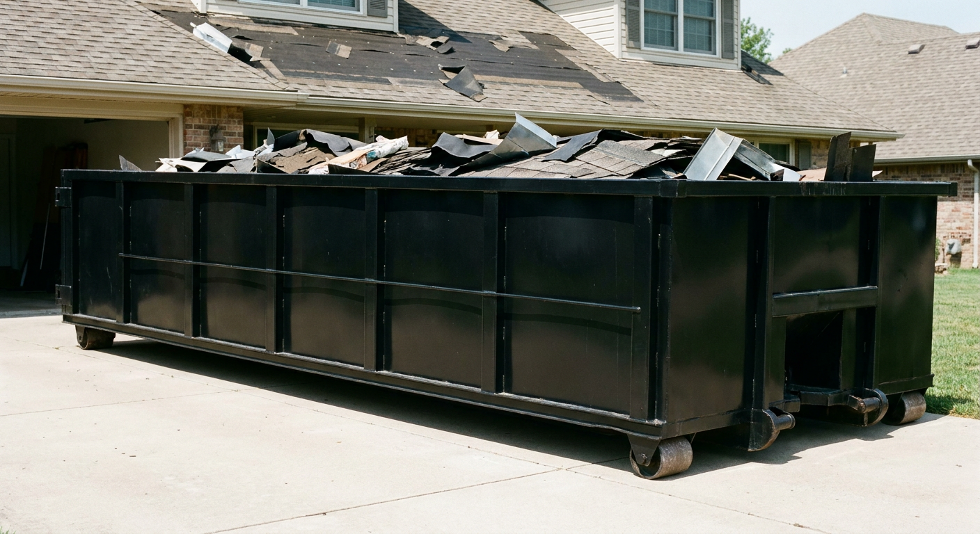 Matte-black 20-yard roofing roll-off dumpster with steel ribbed sides and swinging rear door, sitting directly on the concrete driveway of a two-story Murrieta home, asphalt shingle debris being loaded over the low wall, clean documentary lighting.