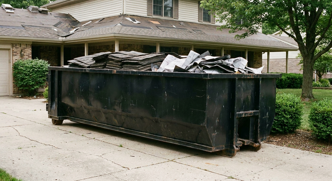 Matte-black 30-yard roofing roll-off dumpster sitting directly on a Murrieta concrete driveway, taller ribbed steel side panels, mixed tear-off debris of asphalt shingles and underlayment inside, professional documentary daylight.