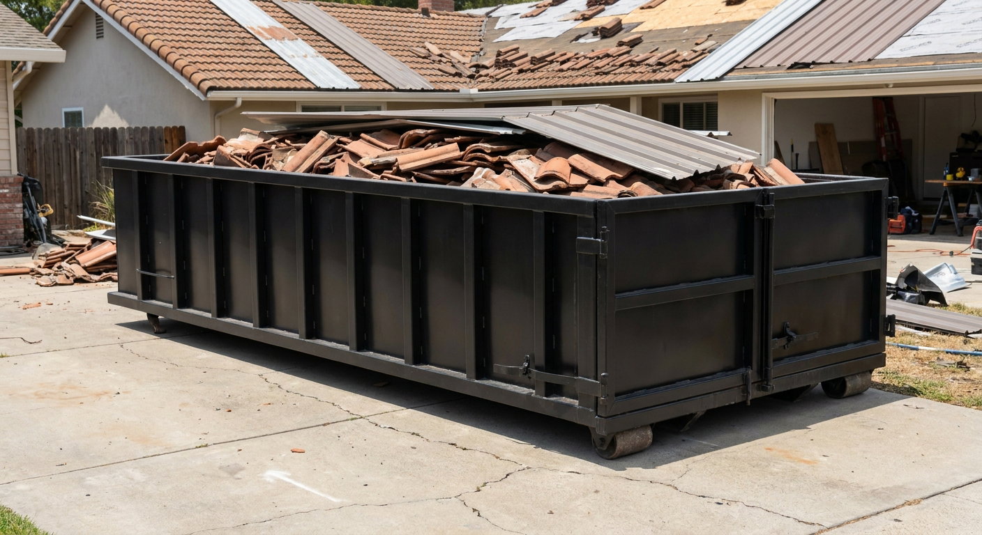 Matte-black low-wall heavy-debris roofing roll-off dumpster sitting directly on a Murrieta concrete driveway, broken concrete clay roof tiles and metal panel sections loaded inside, reinforced ribbed steel side walls visible, bright outdoor daylight.