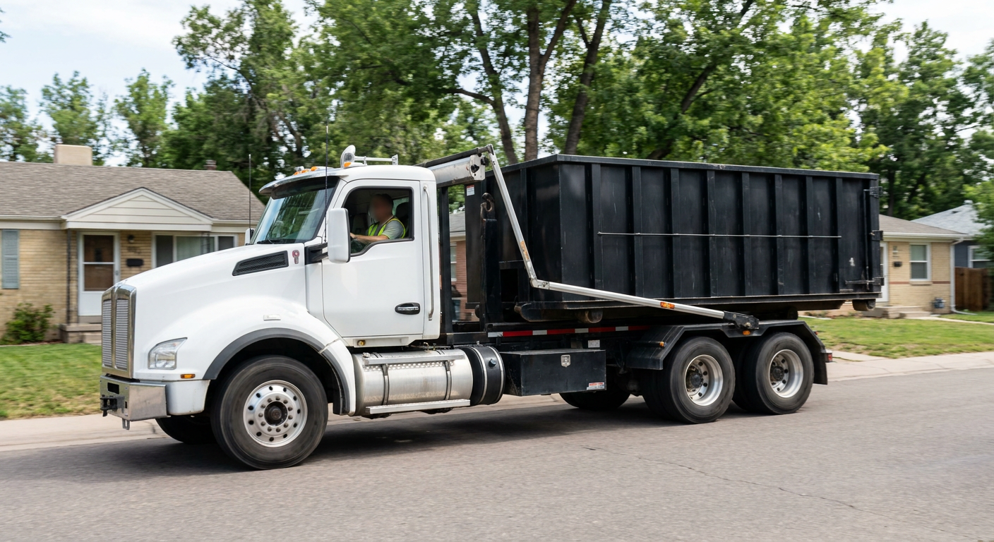 A wide documentary shot of a matte-black roll-off delivery truck pulling onto a quiet Murrieta residential street at mid-morning, with neighborhood rooftops and tree-lined blocks visible behind, showing the metro coverage footprint.