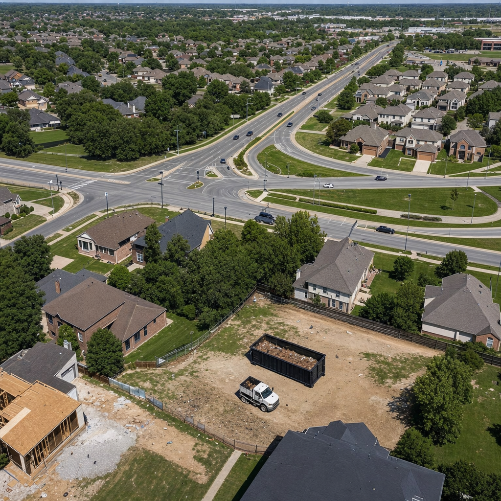 An overhead documentary view of the Murrieta metro area at midday, showing the spread of neighborhoods, arterial roads, and the dispatch radius from a central yard — clean daylight, organized geographic layout.