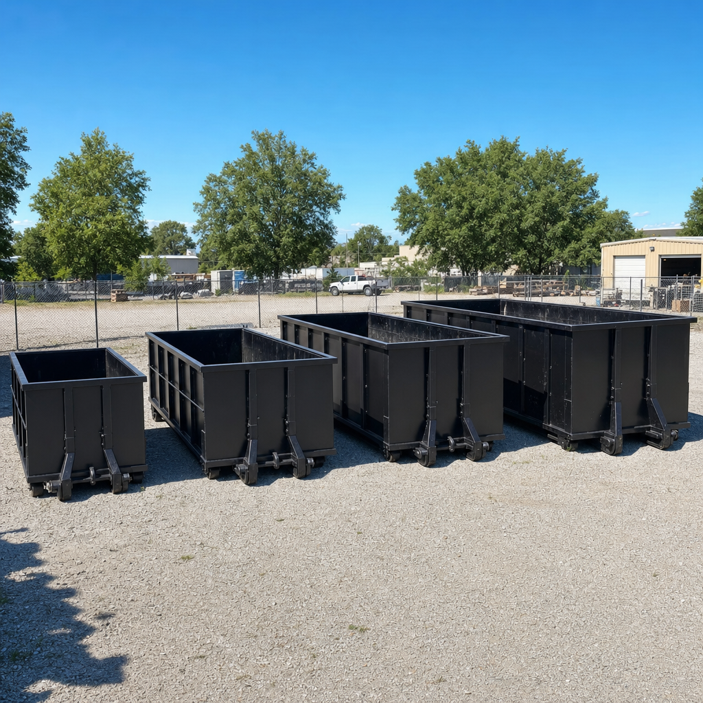 A clean lineup of matte-black roll-off dumpsters in 10, 20, 30, and 40-yard sizes staged on a sunlit gravel yard in Murrieta, showing the size progression from compact to commercial-scale containers.