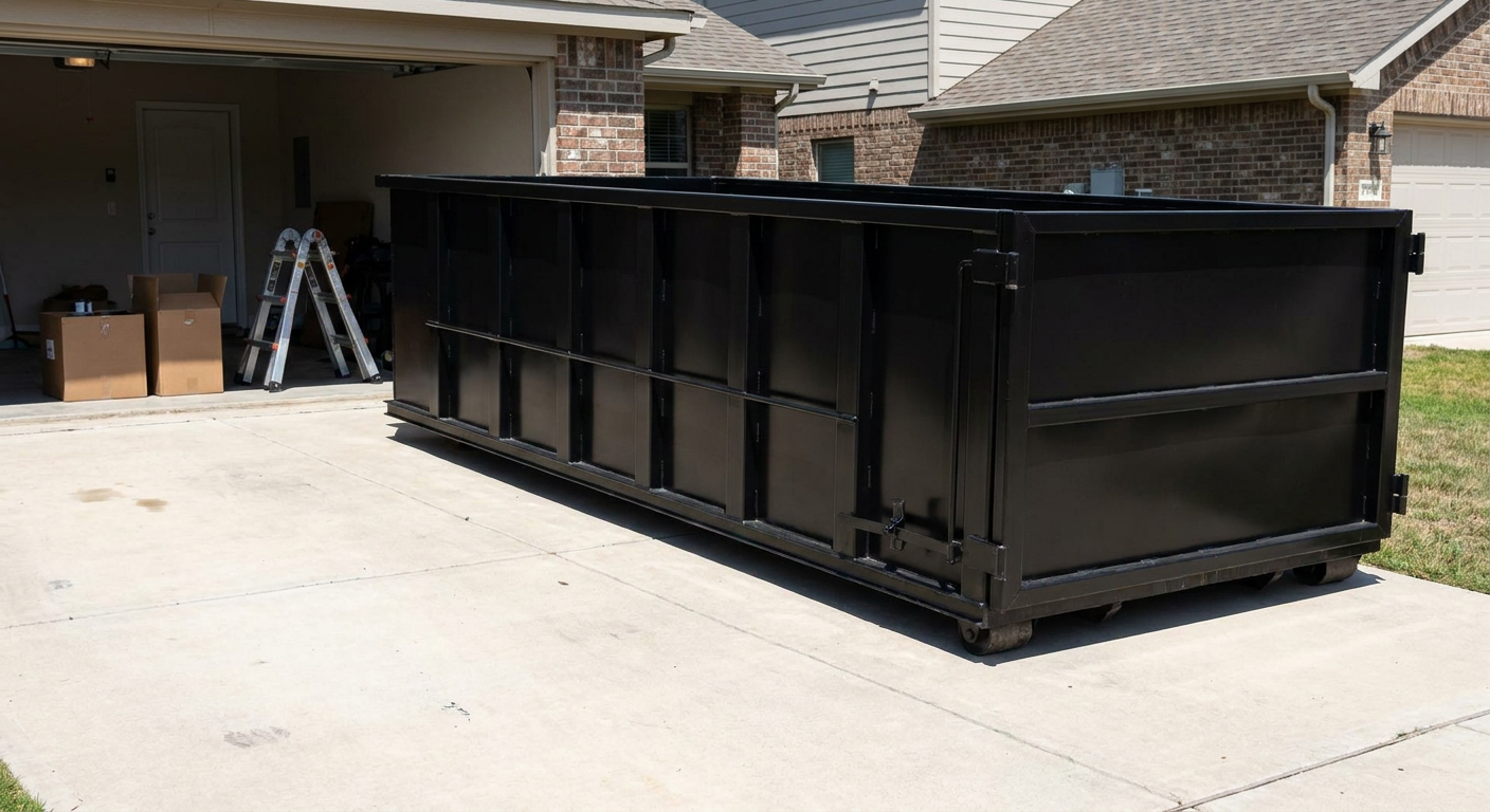 A matte-black 10-yard roll-off dumpster sitting directly on a residential Murrieta concrete driveway, mid-day sunlight, clean and ready for a garage cleanout.