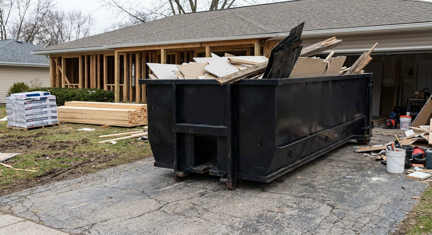 A matte-black 20-yard roll-off dumpster placed alongside a mid-renovation Murrieta home directly on the asphalt driveway, with framing materials and torn-off shingles staged neatly nearby.