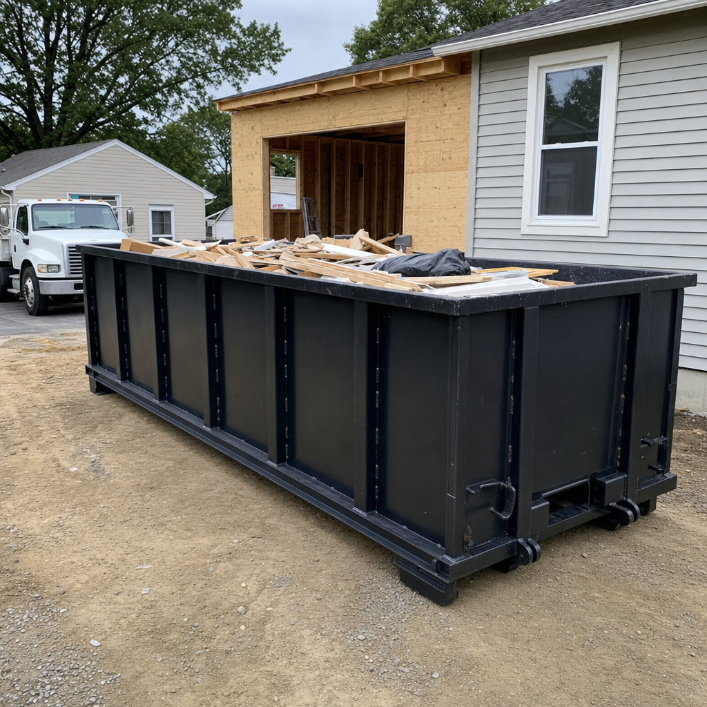 A matte-black 30-yard roll-off dumpster positioned at a Murrieta residential addition jobsite, with framing lumber and drywall scraps loaded through the open swinging rear doors.