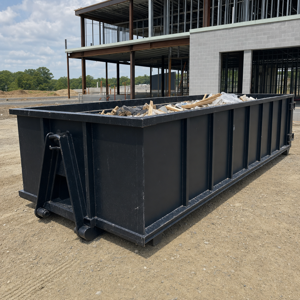 A matte-black 40-yard roll-off dumpster staged on a large Murrieta commercial construction lot, with a hooklift delivery truck parked alongside under bright midday sky.