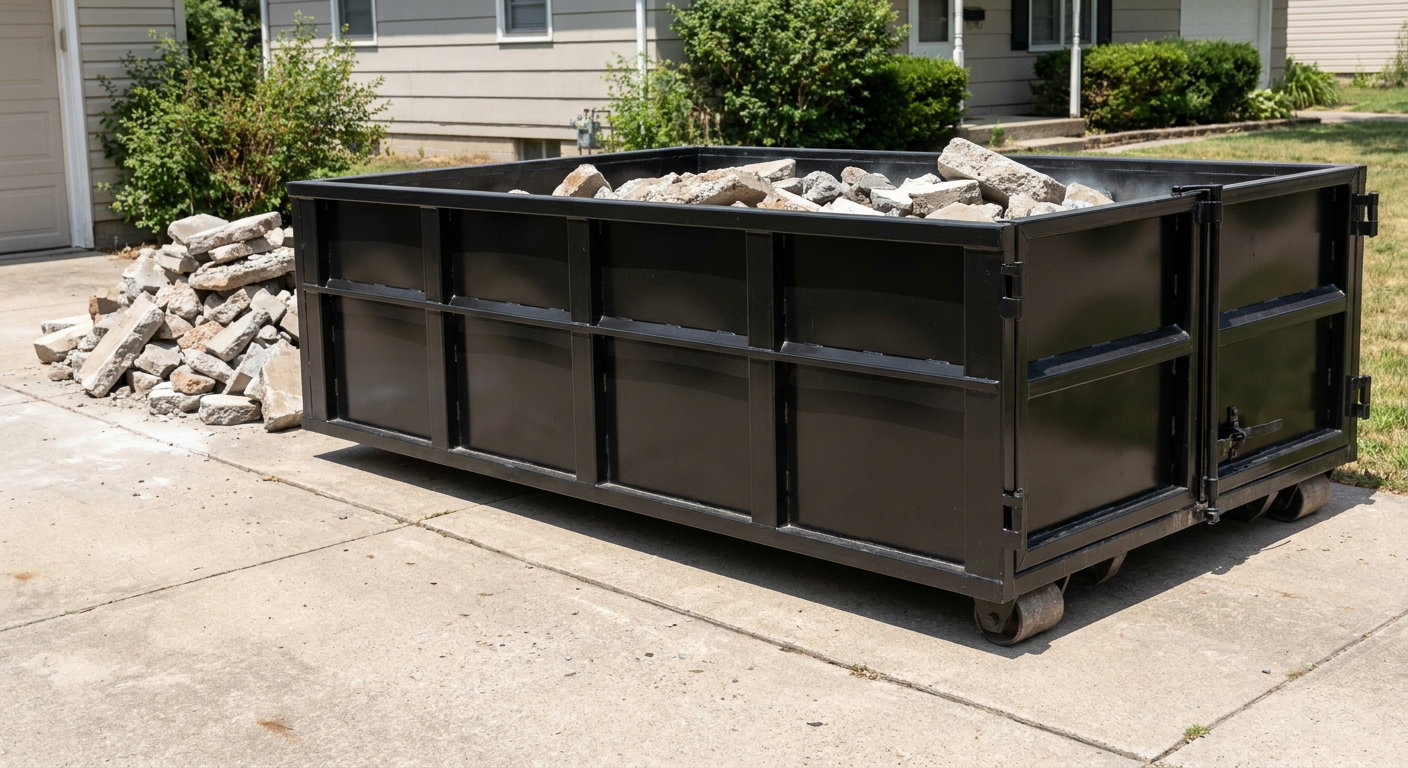 A matte-black low-side heavy-debris roll-off dumpster placed directly on a Murrieta concrete driveway, with broken concrete chunks neatly stacked beside it under clean daylight.